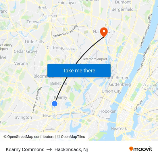 Kearny Commons to Hackensack, Nj map