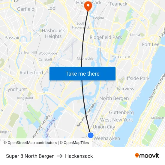 Super 8 North Bergen to Hackensack map