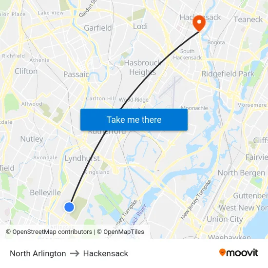 North Arlington to Hackensack map