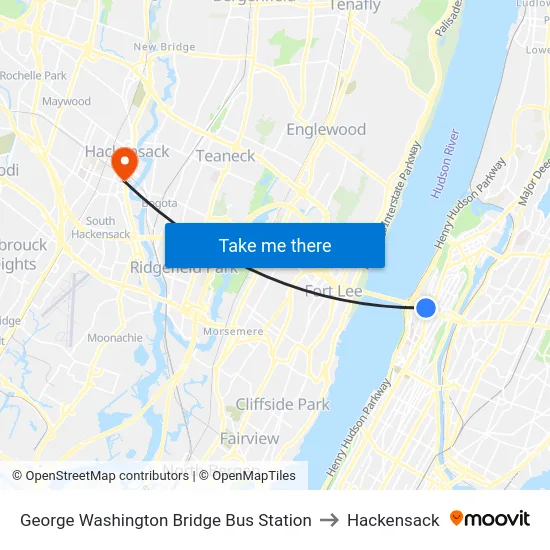 George Washington Bridge Bus Station to Hackensack map