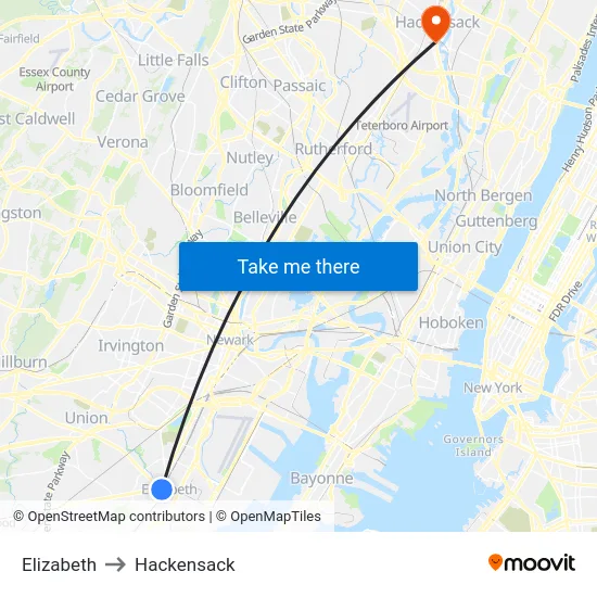 Elizabeth to Hackensack map