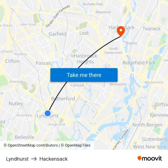 Lyndhurst to Hackensack map