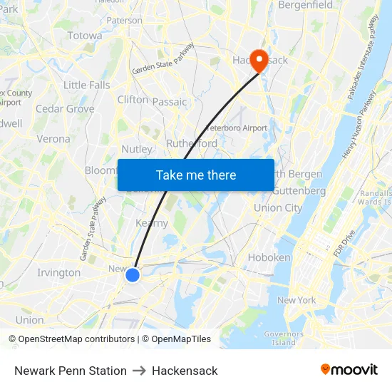 Newark Penn Station to Hackensack map