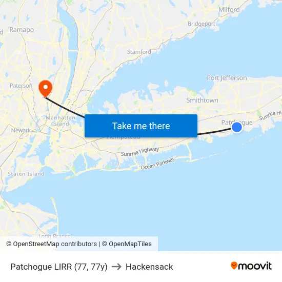 Patchogue LIRR (77, 77y) to Hackensack map