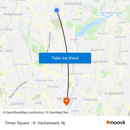 Times Square to Hackensack, Nj map