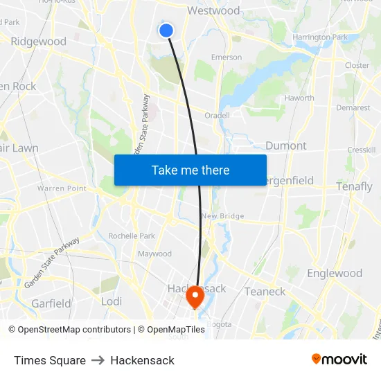 Times Square to Hackensack map