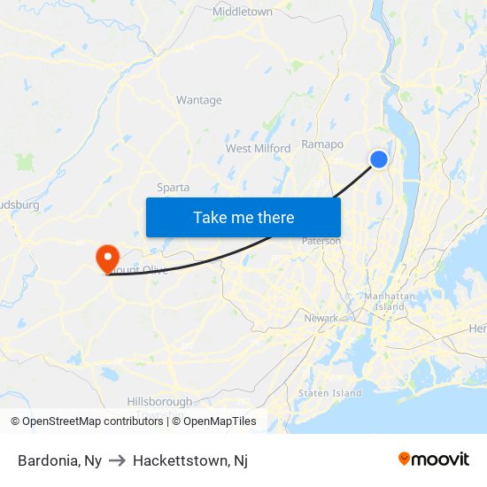 Bardonia, Ny to Hackettstown, Nj map