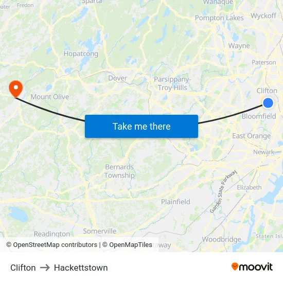 Clifton to Hackettstown map