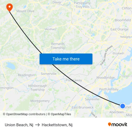 Union Beach to Hackettstown, Nj map