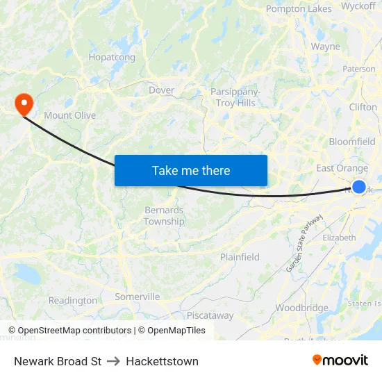 Newark Broad St to Hackettstown map