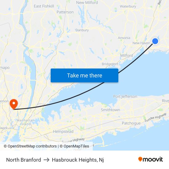 North Branford to Hasbrouck Heights, Nj map