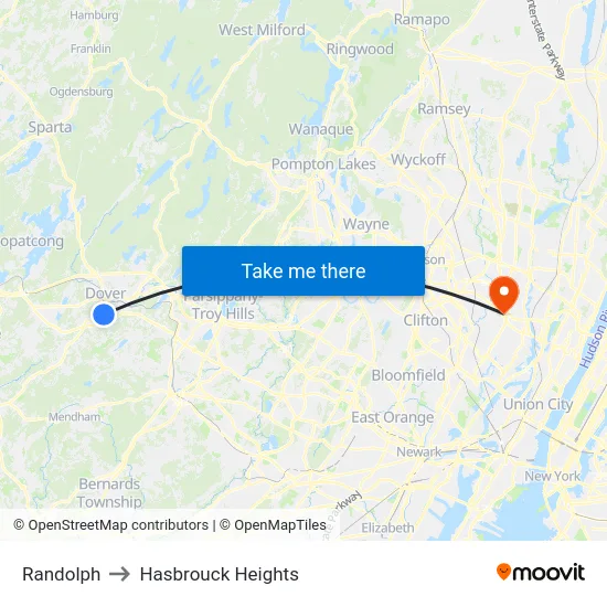 Randolph to Hasbrouck Heights map