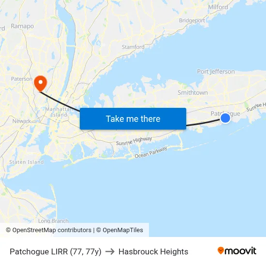 Patchogue LIRR (77, 77y) to Hasbrouck Heights map