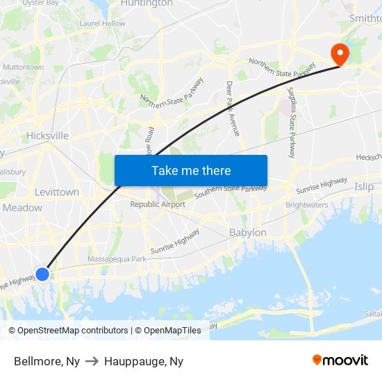 Bellmore, Ny to Hauppauge, Ny map