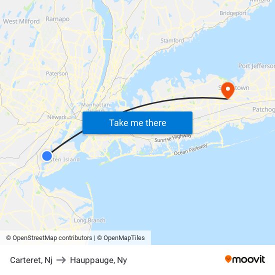 Carteret, Nj to Hauppauge, Ny map