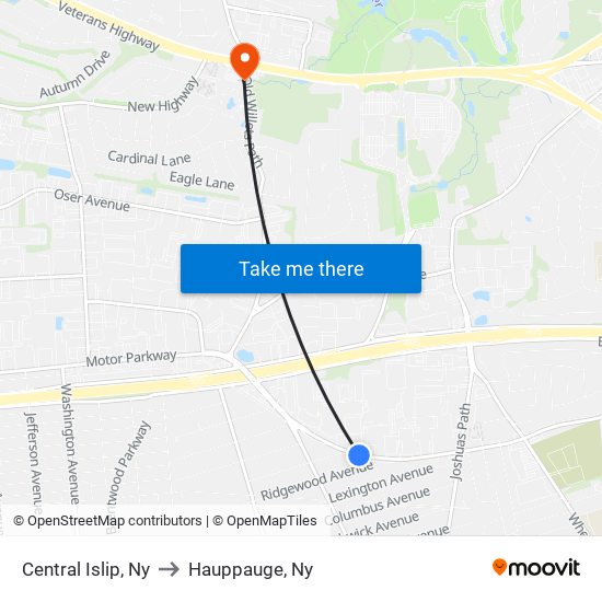 Central Islip, Ny to Hauppauge, Ny map