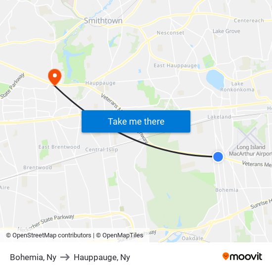 Bohemia, Ny to Hauppauge, Ny map