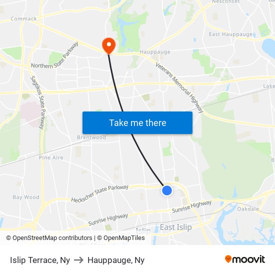 Islip Terrace, Ny to Hauppauge, Ny map