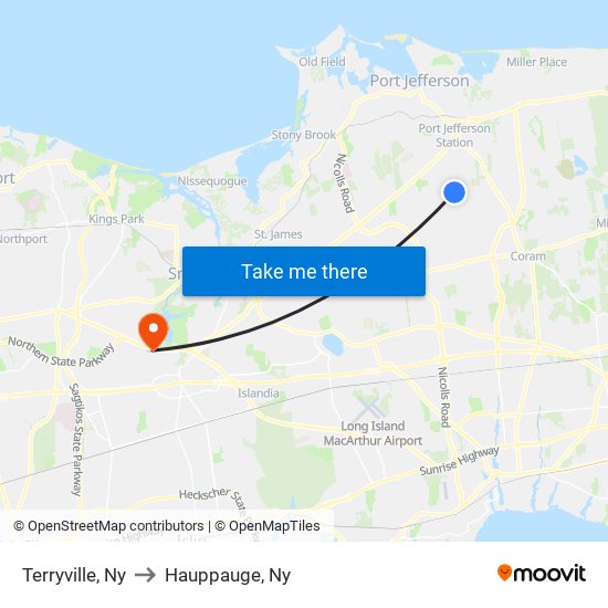 Terryville, Ny to Hauppauge, Ny map