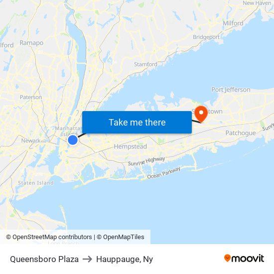 Queensboro Plaza to Hauppauge, Ny map