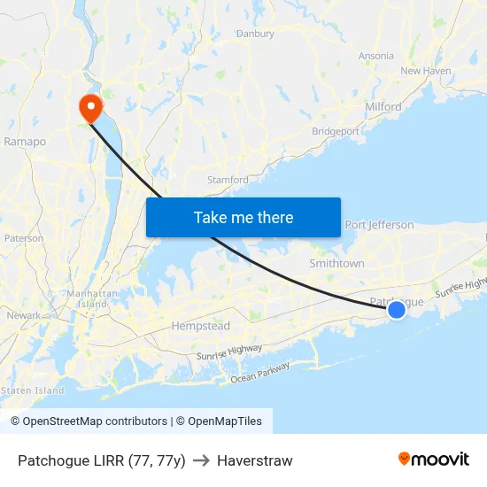 Patchogue LIRR (77, 77y) to Haverstraw map