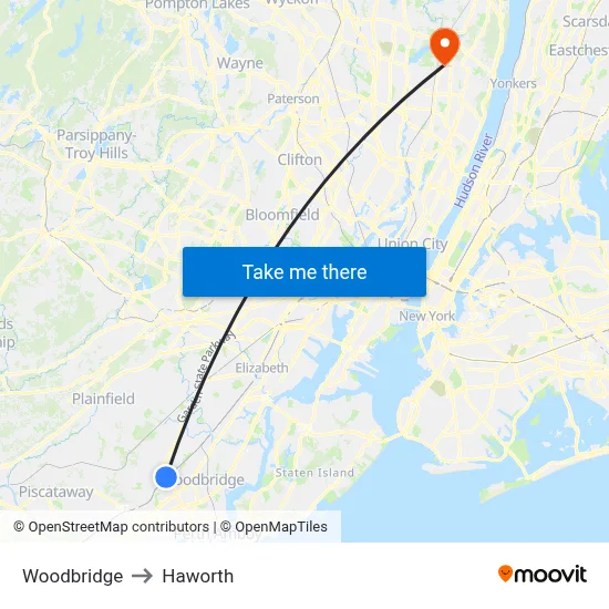 Woodbridge to Haworth map