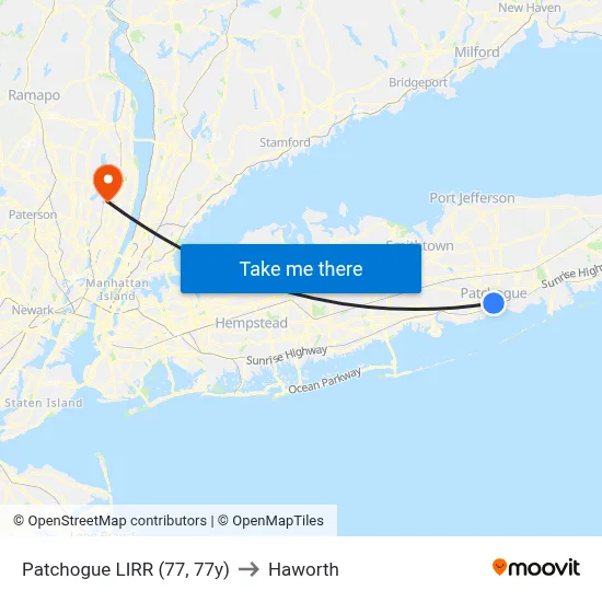 Patchogue LIRR (77, 77y) to Haworth map