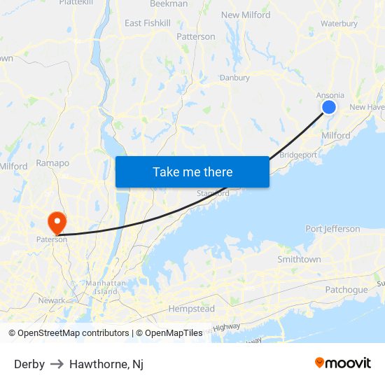 Derby to Hawthorne, Nj map