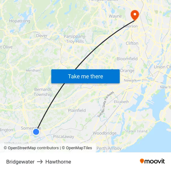 Bridgewater to Hawthorne map