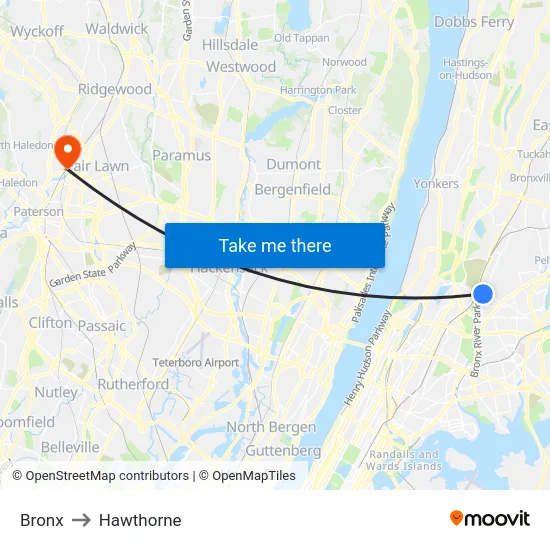 Bronx to Hawthorne map