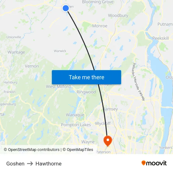 Goshen to Hawthorne map