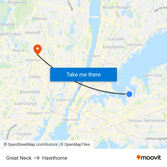 Great Neck to Hawthorne map