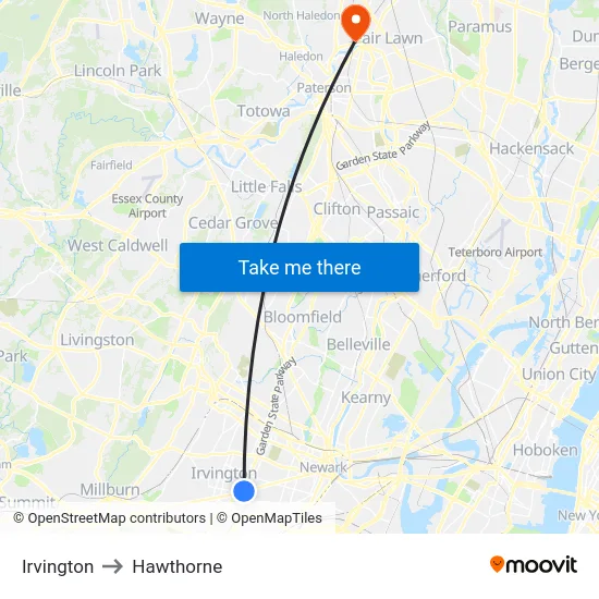 Irvington to Hawthorne map