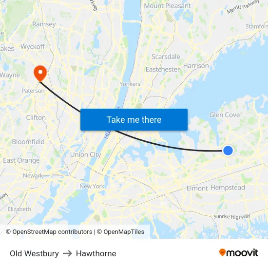 Old Westbury to Hawthorne map