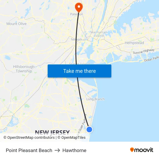 Point Pleasant Beach to Hawthorne map