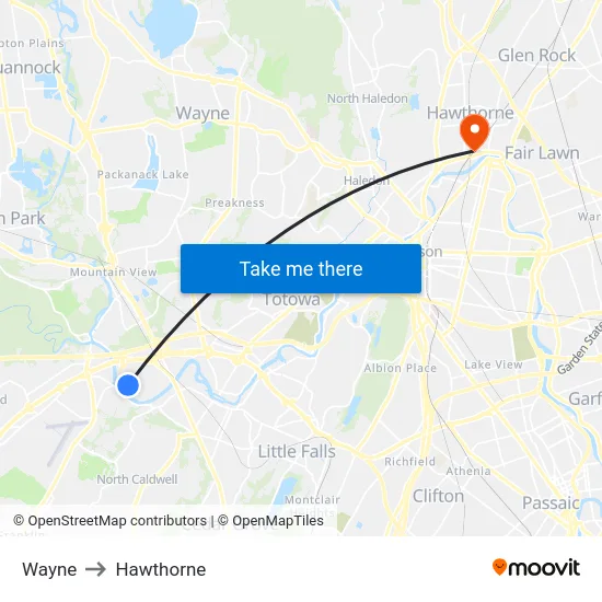 Wayne to Hawthorne map