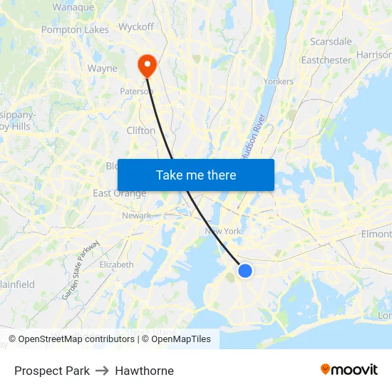 Prospect Park to Hawthorne map
