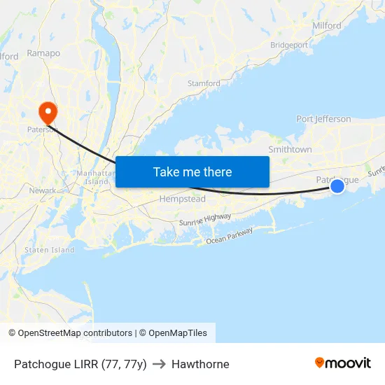 Patchogue LIRR (77, 77y) to Hawthorne map