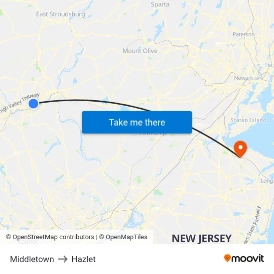 Middletown to Hazlet map