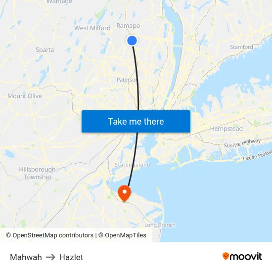 Mahwah to Hazlet map