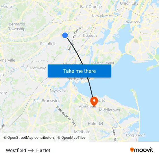 Westfield to Hazlet map