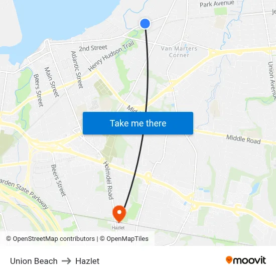 Union Beach to Hazlet map