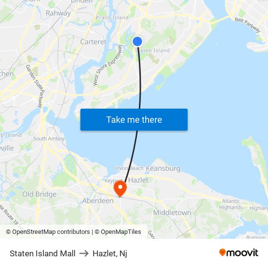 Staten Island Mall to Hazlet, Nj map