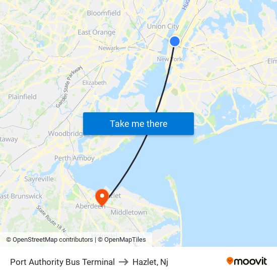 Port Authority Bus Terminal to Hazlet, Nj map