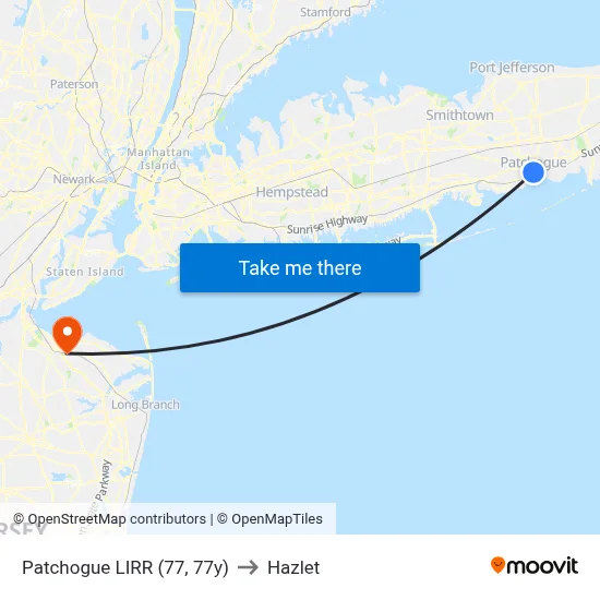 Patchogue LIRR (77, 77y) to Hazlet map