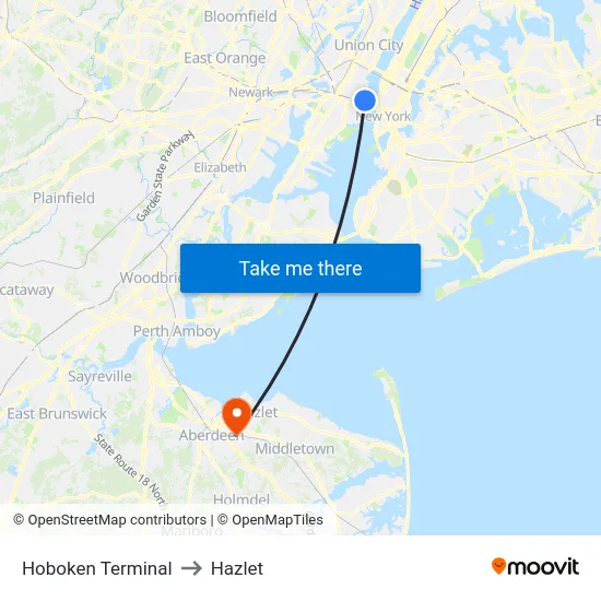 Hoboken Terminal to Hazlet map