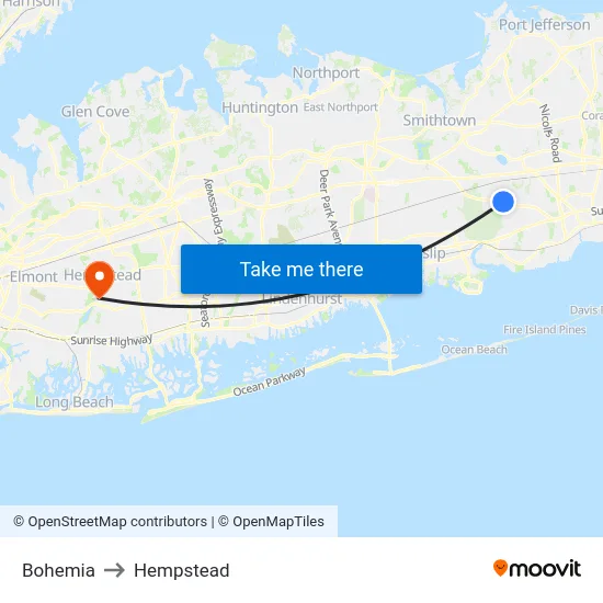 Bohemia to Hempstead map