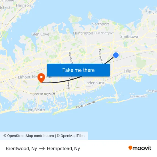Brentwood to Hempstead, Ny map