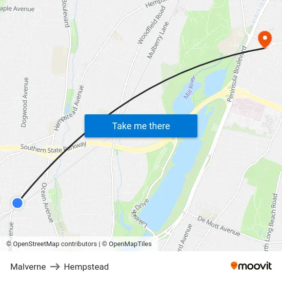 Malverne to Hempstead map