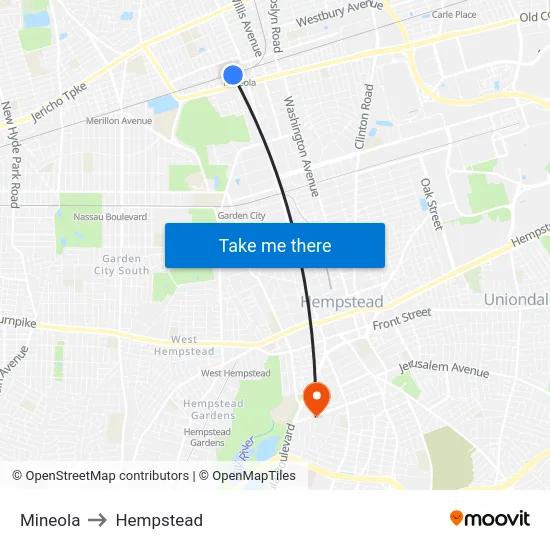 Mineola to Hempstead map